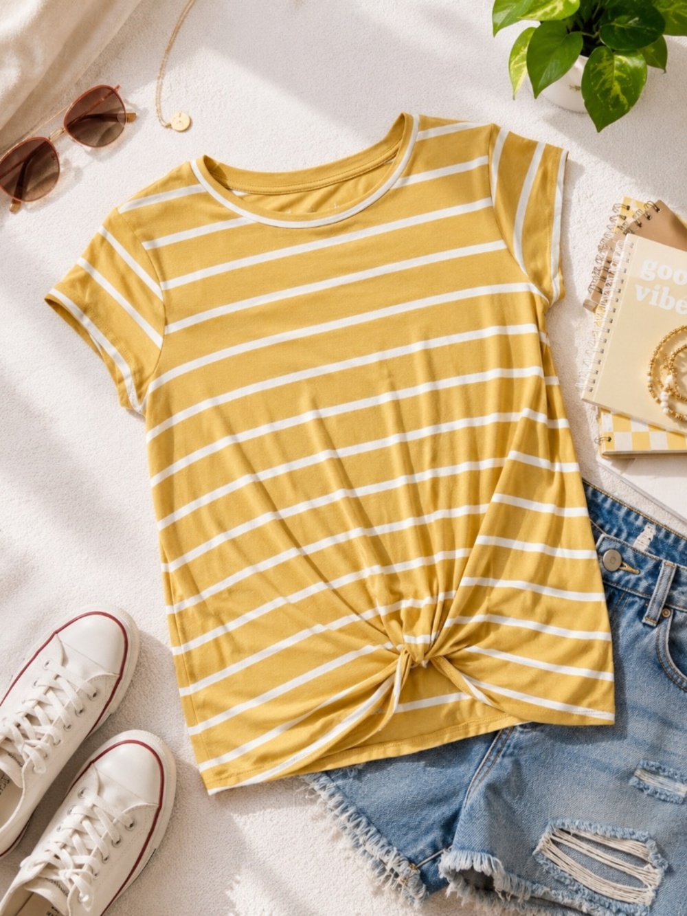 Rumi + Ryder Girls L 12-14 Preppy Mustard Striped Twist Front Tee